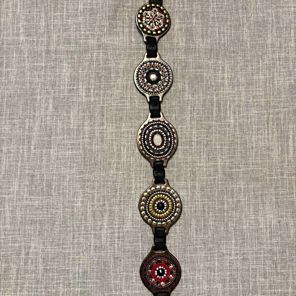 Chico's Women's Black Skinny Fashion Belt Boho Beaded Medallion Adjustable